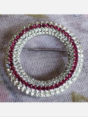 CINER Signed Round Circle Ruby Pin Red Clear Silver Tone Vintage Brooch